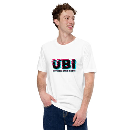 Product mockup photo of the UBI UNIVERSAL BASIC INCOME Glitch T Shirt (unisex).