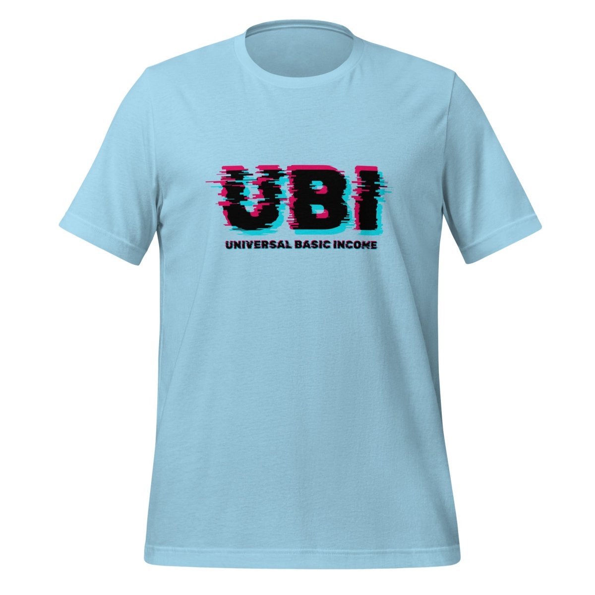 Product mockup photo of the UBI UNIVERSAL BASIC INCOME Glitch T Shirt (unisex) Ocean Blue / M.