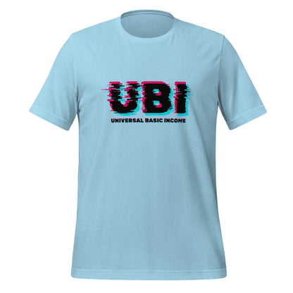 Product mockup photo of the UBI UNIVERSAL BASIC INCOME Glitch T Shirt (unisex) Ocean Blue / M.