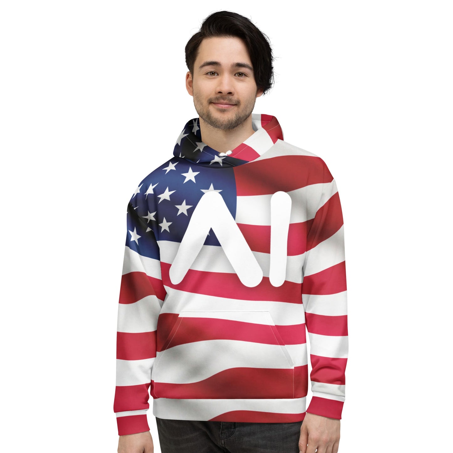 Product mockup photo of the USA AI Logo Hoodie (unisex).