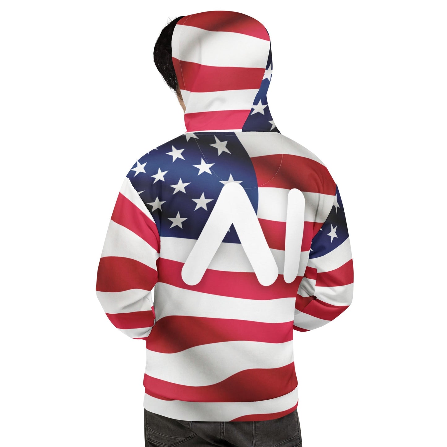 Product mockup photo of the USA AI Logo Hoodie (unisex).