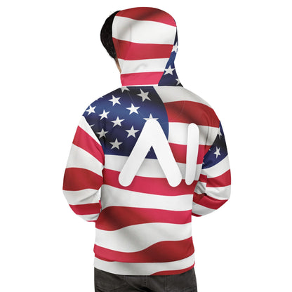 Product mockup photo of the USA AI Logo Hoodie (unisex).