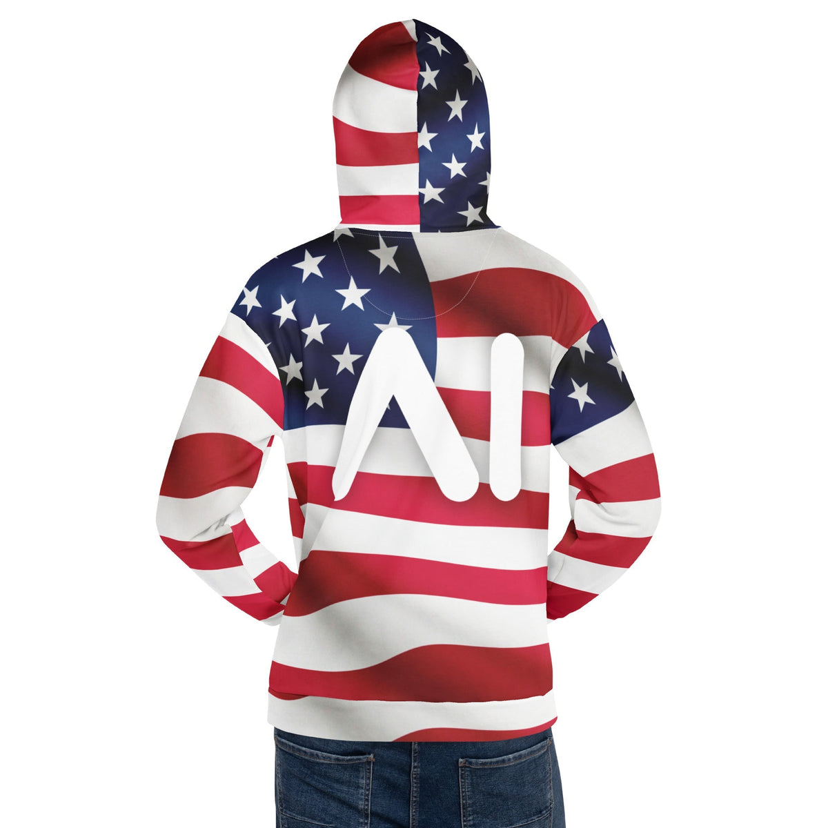 Product mockup photo of the USA AI Logo Hoodie (unisex).