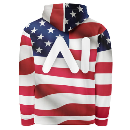 Product mockup photo of the USA AI Logo Hoodie (unisex).