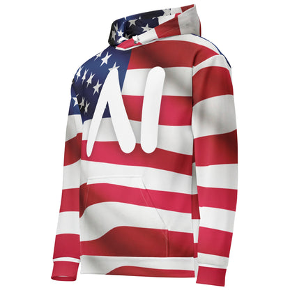 Product mockup photo of the USA AI Logo Hoodie (unisex).