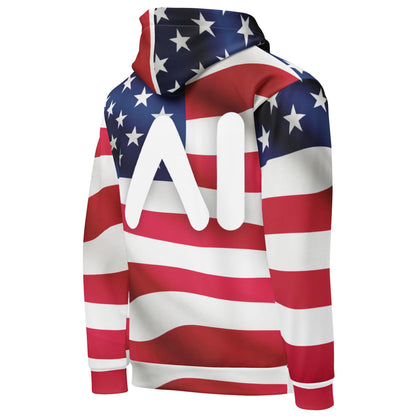 Product mockup photo of the USA AI Logo Hoodie (unisex).