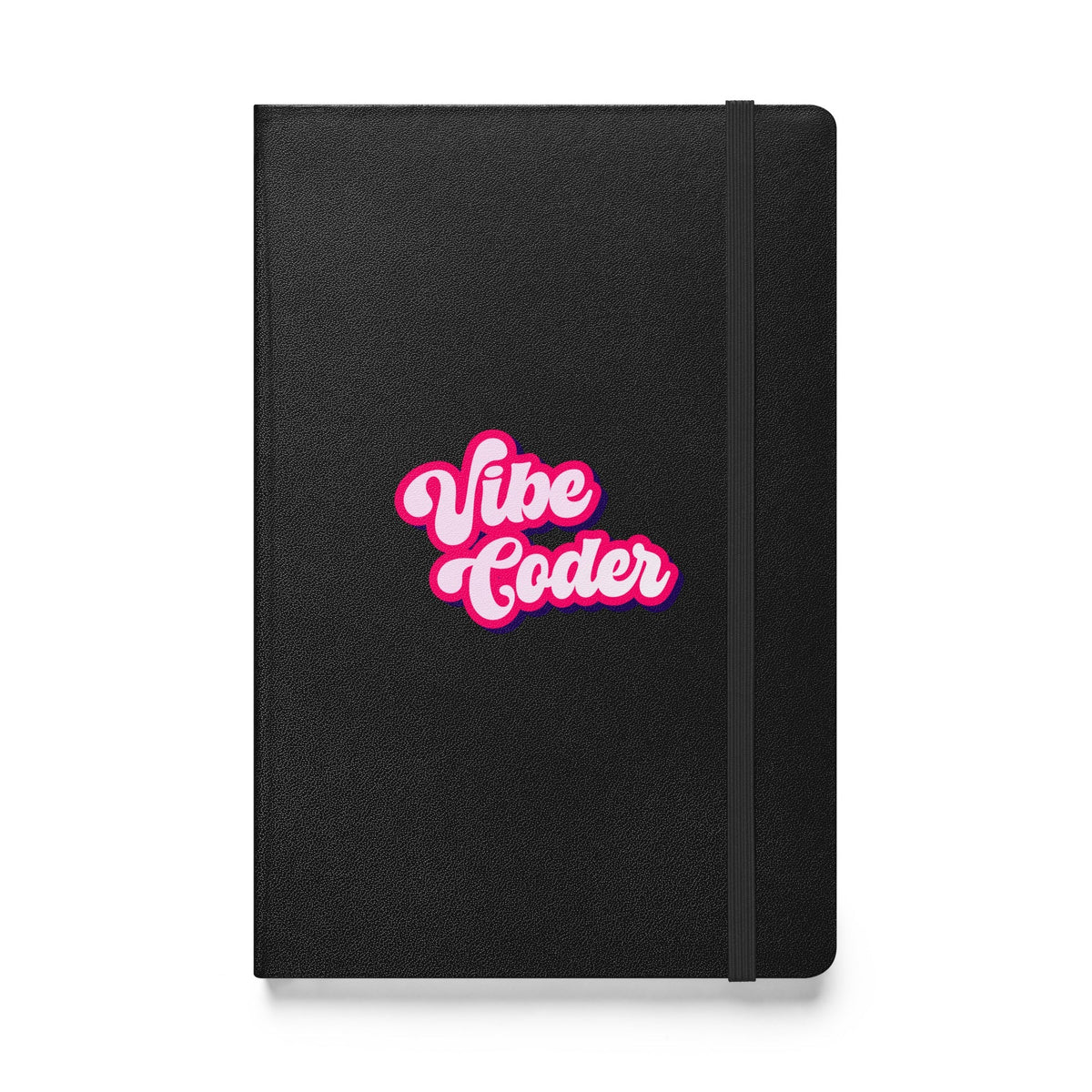 Product mockup photo of the Vibe Coder Hardcover Bound Notebook Black.