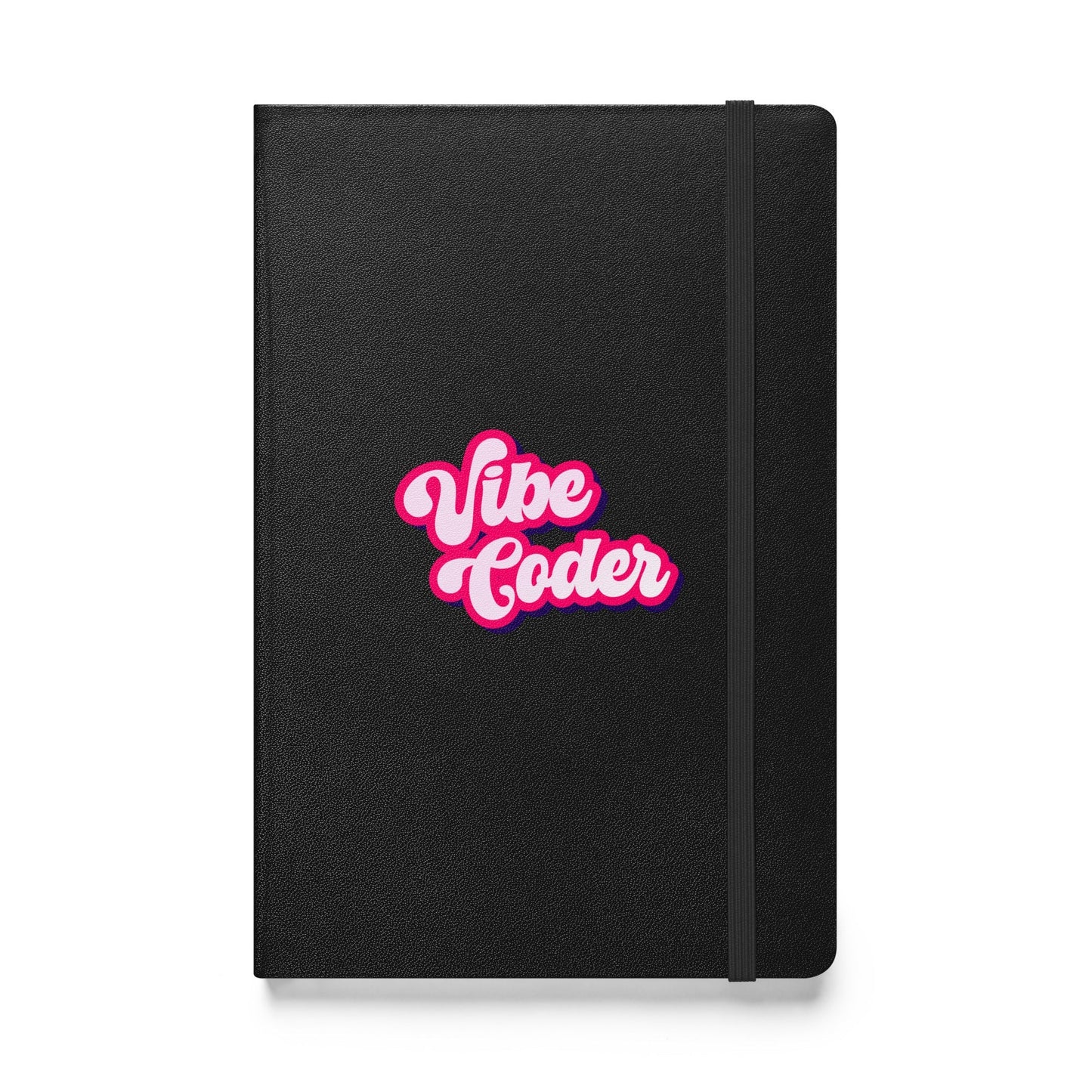 Product mockup photo of the Vibe Coder Hardcover Bound Notebook Black.