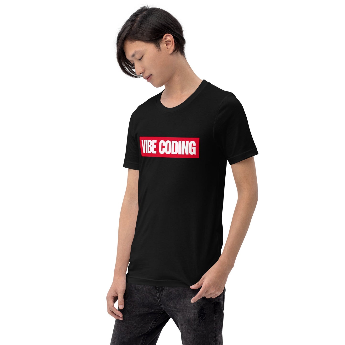 Product mockup photo of the VIBE CODING Sign T Shirt (unisex).