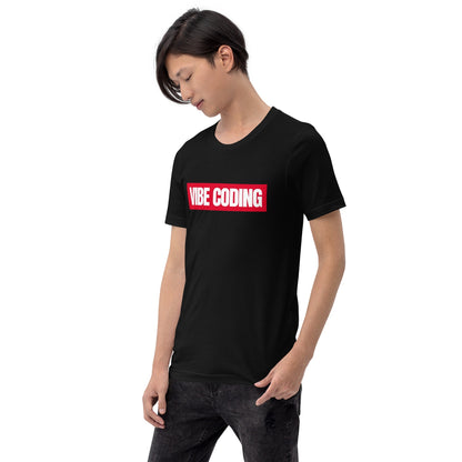 Product mockup photo of the VIBE CODING Sign T Shirt (unisex).