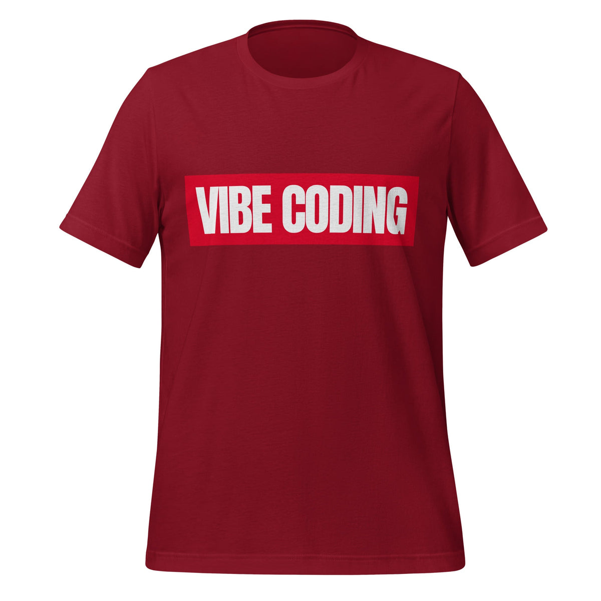 Product mockup photo of the VIBE CODING Sign T Shirt (unisex) Cardinal / M.