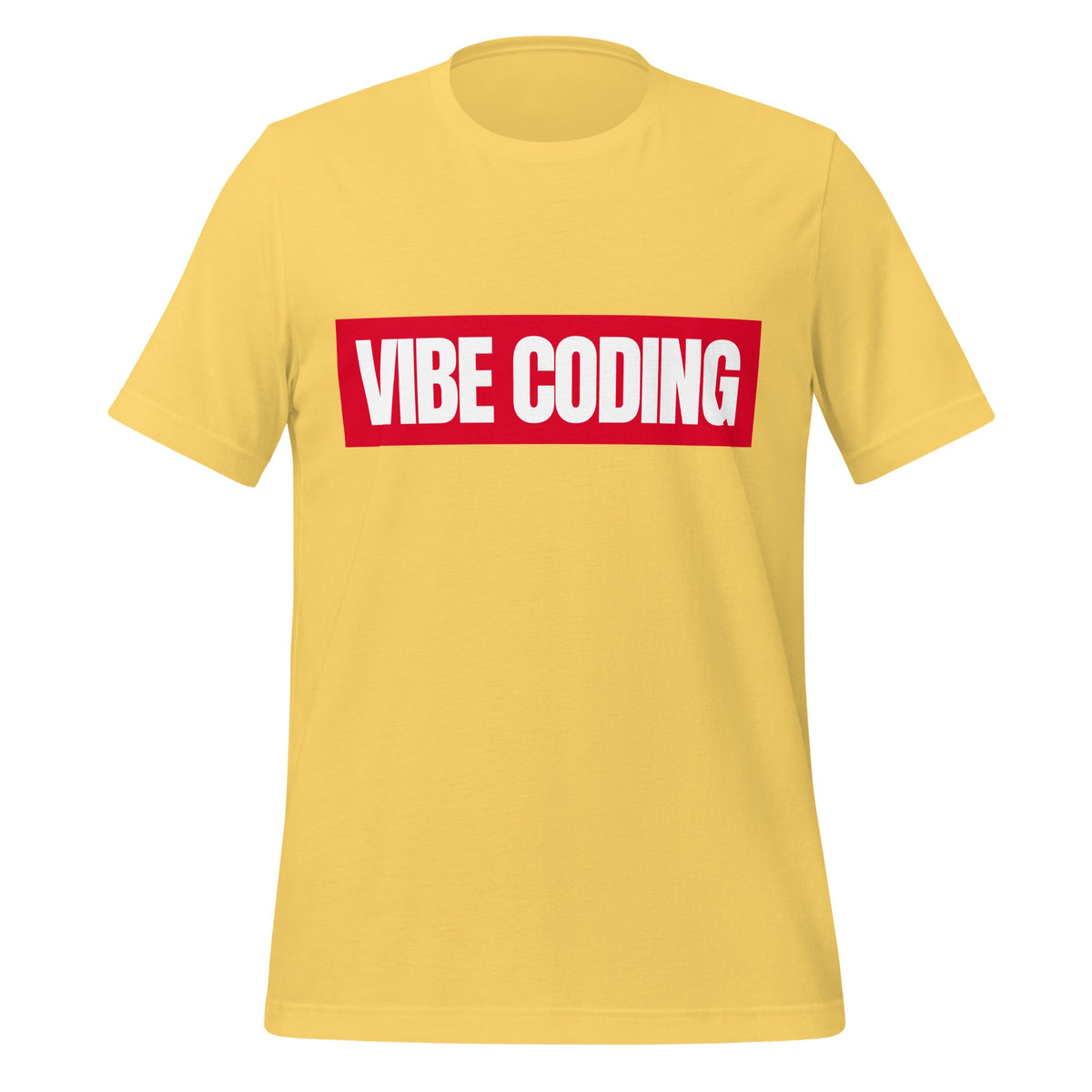 Product mockup photo of the VIBE CODING Sign T Shirt (unisex) Yellow / M.