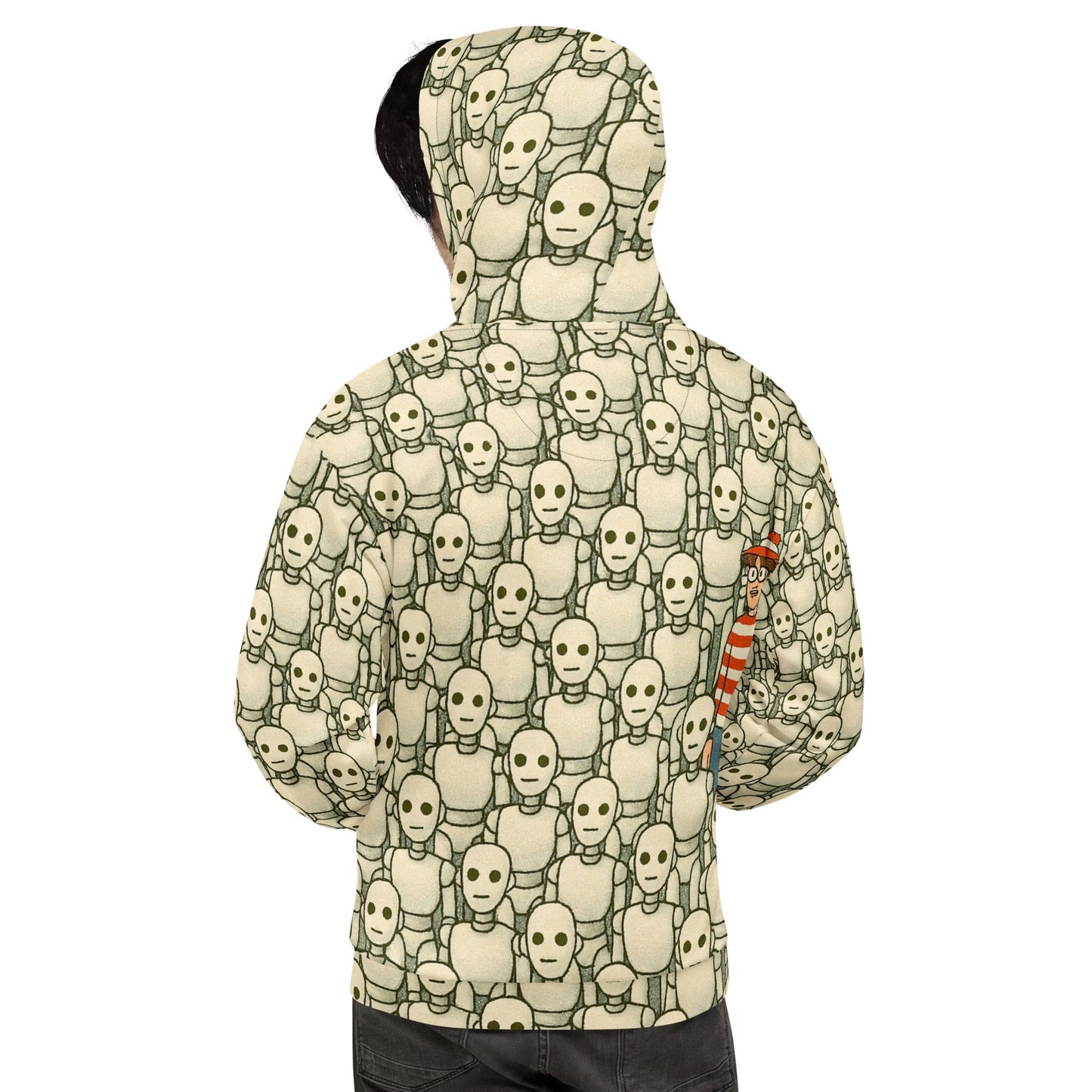 Product mockup photo of the Waldo/Wally Can’t Hide Among Robots Hoodie (unisex).