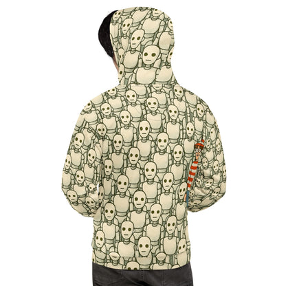 Product mockup photo of the Waldo/Wally Can’t Hide Among Robots Hoodie (unisex).