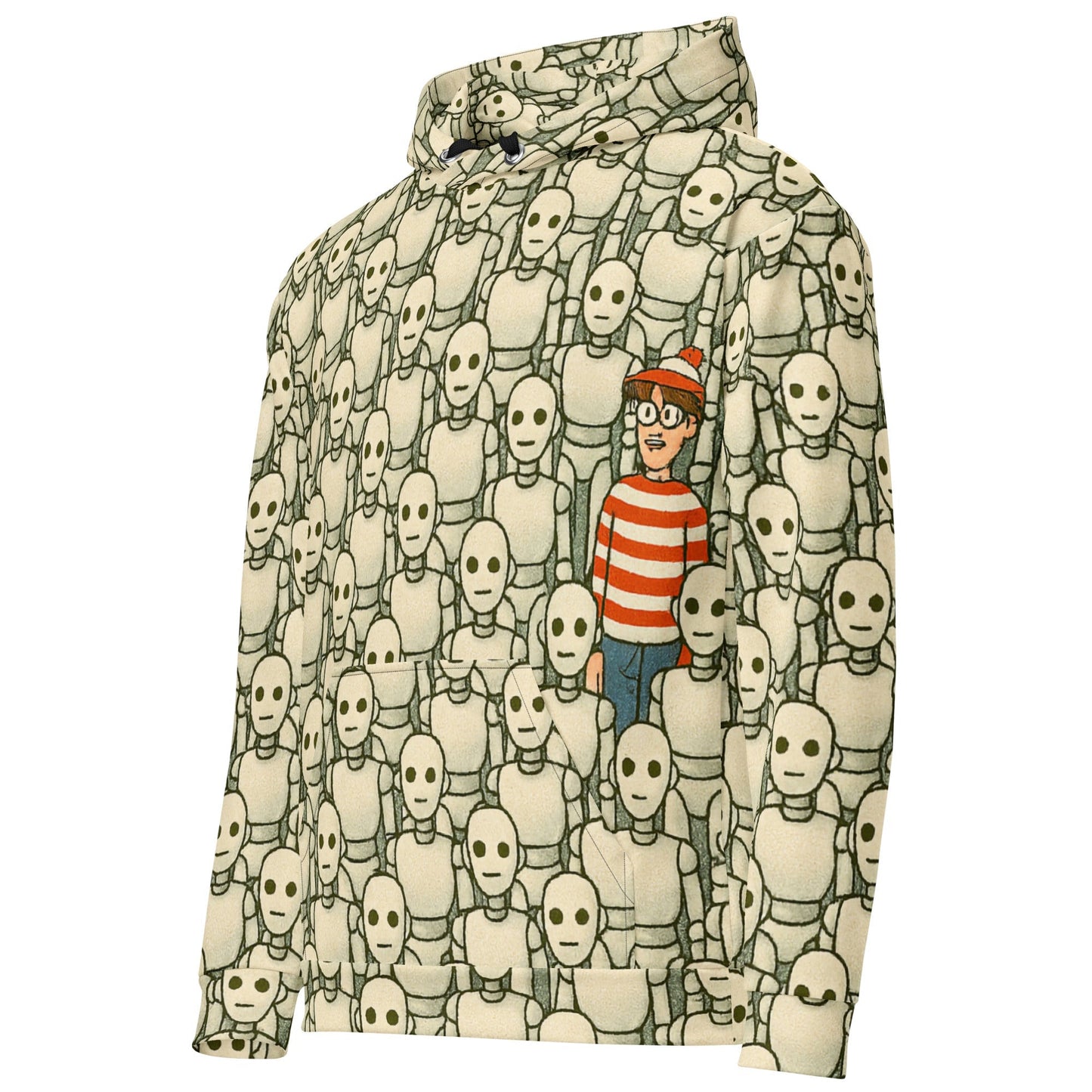 Product mockup photo of the Waldo/Wally Can’t Hide Among Robots Hoodie (unisex).