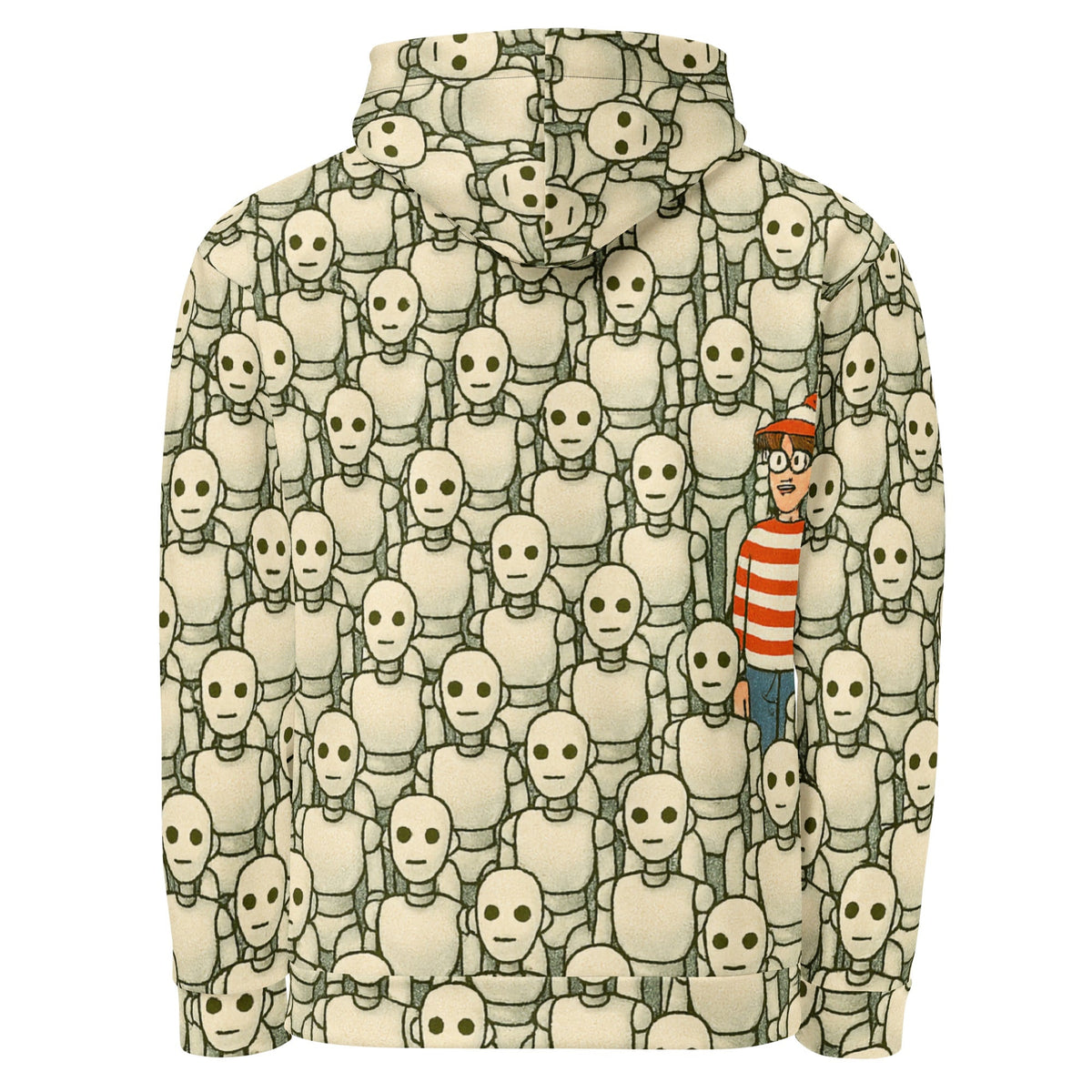 Product mockup photo of the Waldo/Wally Can’t Hide Among Robots Hoodie (unisex).