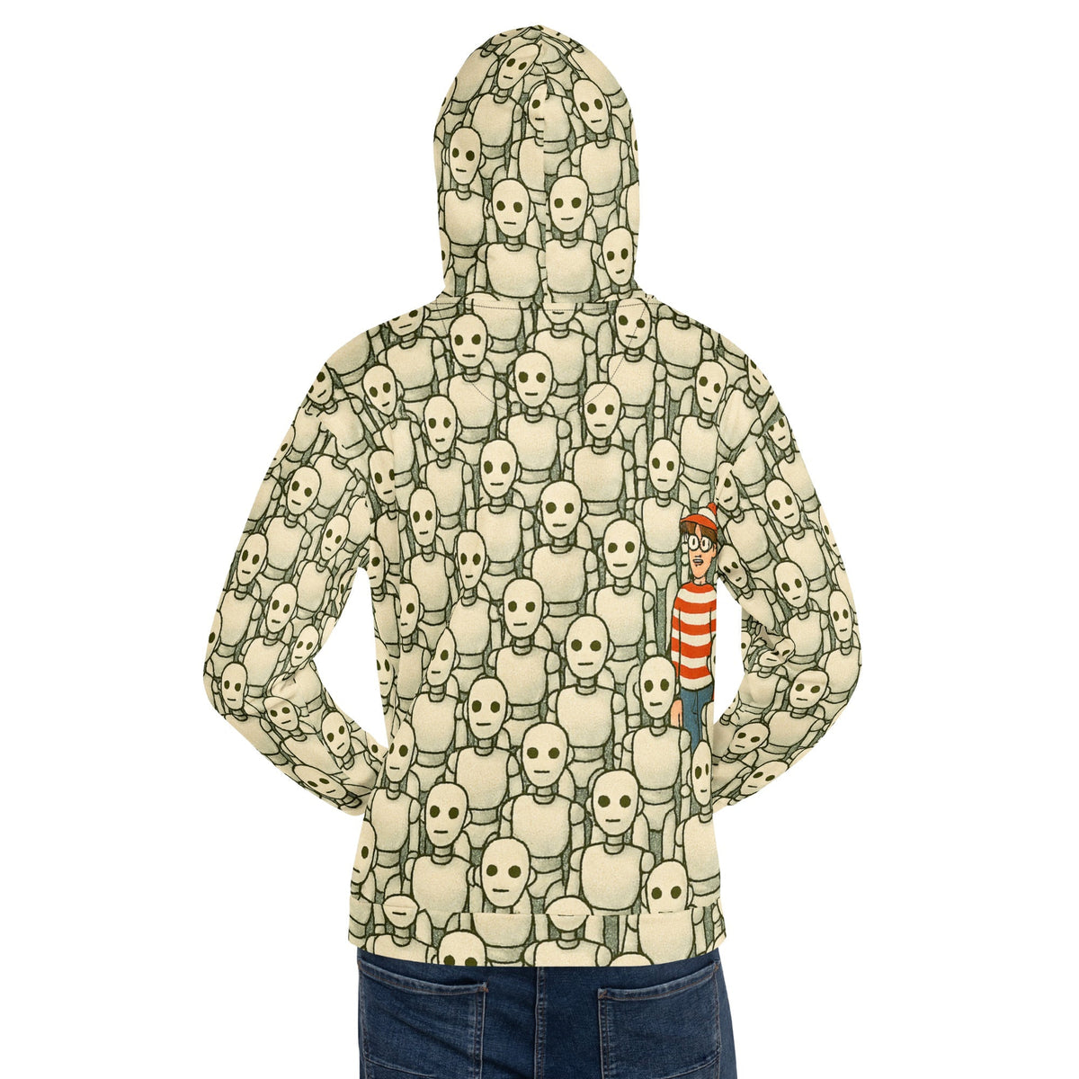 Product mockup photo of the Waldo/Wally Can’t Hide Among Robots Hoodie (unisex).