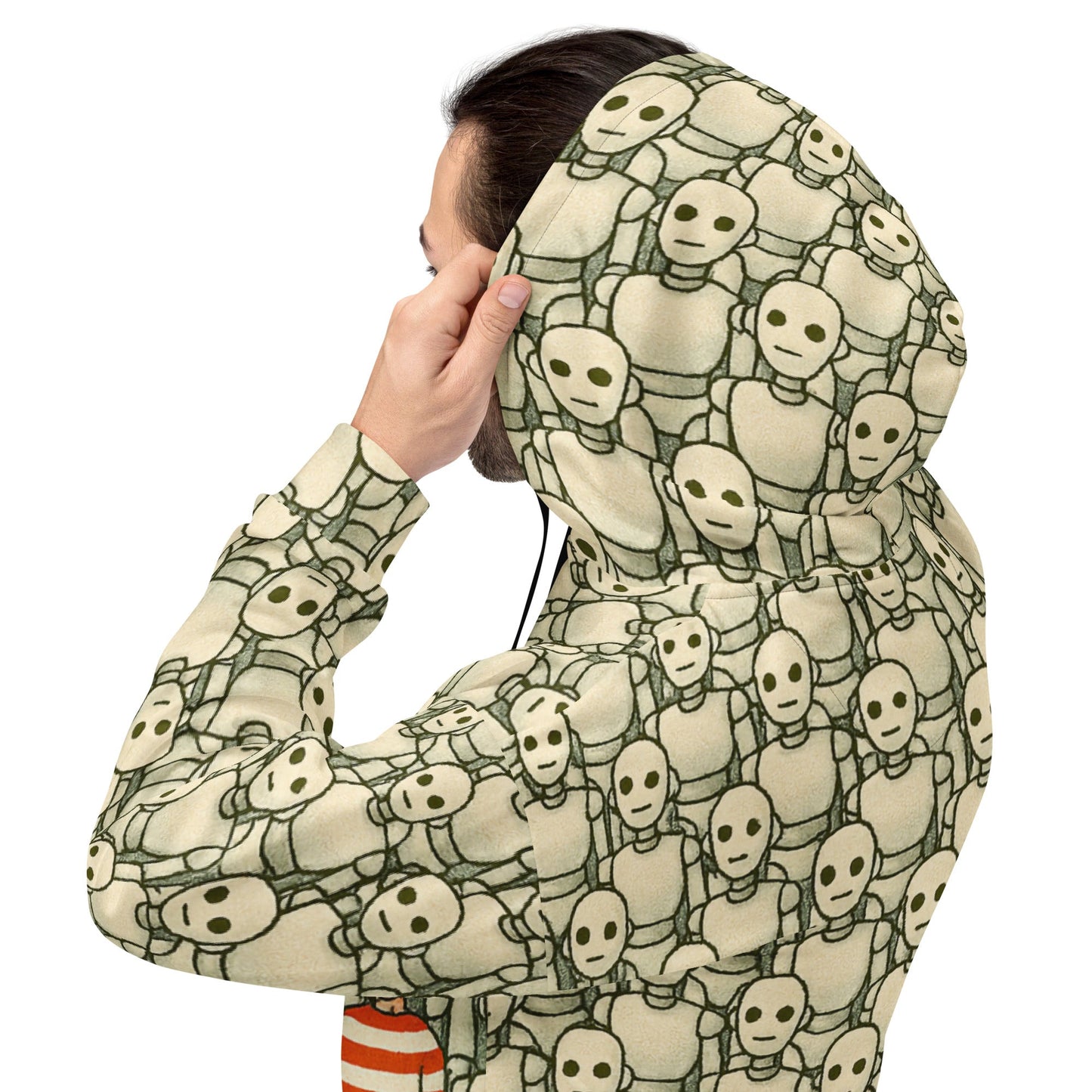 Product mockup photo of the Waldo/Wally Can’t Hide Among Robots Hoodie (unisex).