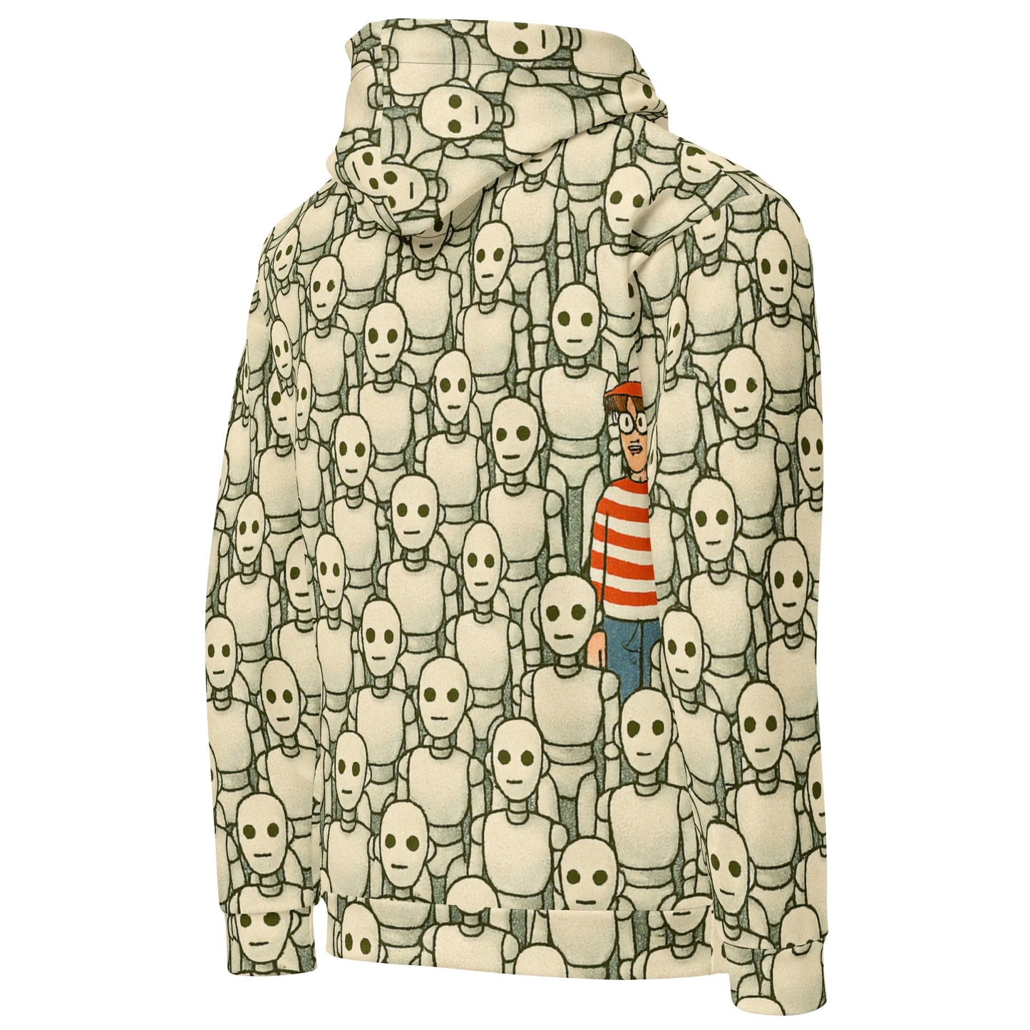 Product mockup photo of the Waldo/Wally Can’t Hide Among Robots Hoodie (unisex).