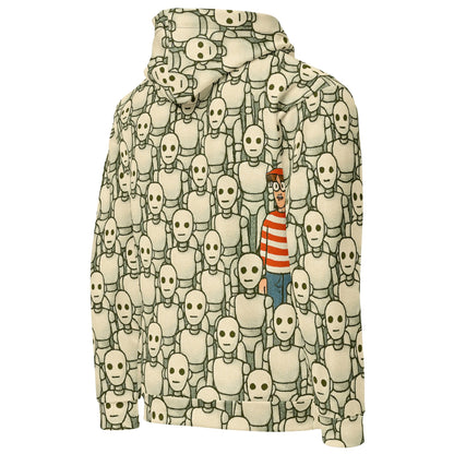 Product mockup photo of the Waldo/Wally Can’t Hide Among Robots Hoodie (unisex).