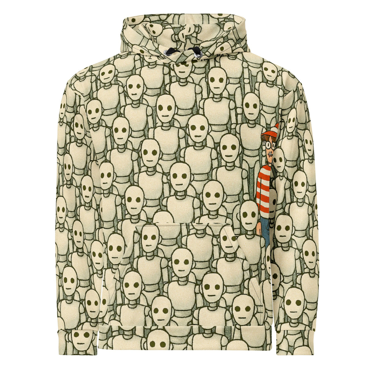 Product mockup photo of the Waldo/Wally Can’t Hide Among Robots Hoodie (unisex) M.