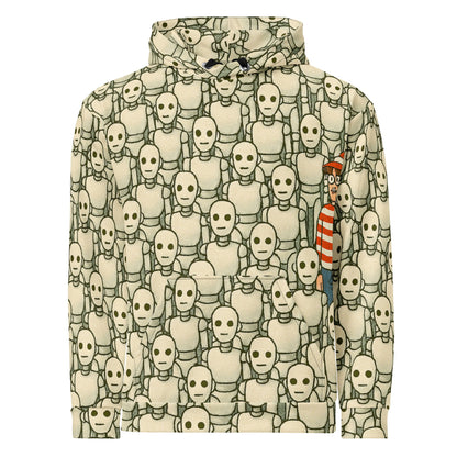 Product mockup photo of the Waldo/Wally Can’t Hide Among Robots Hoodie (unisex) M.