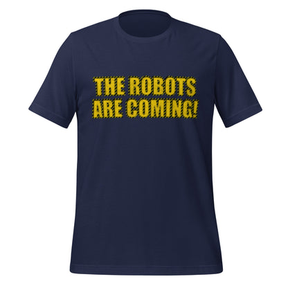 Product mockup photo of the WARNING THE ROBOTS ARE COMING! T Shirt (unisex) Navy / M.