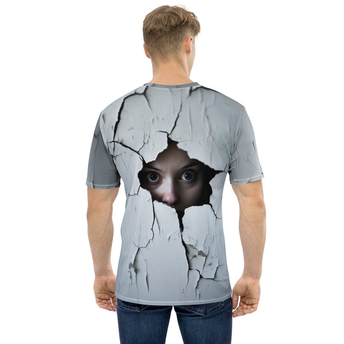 Product mockup photo of the Woman Spying on You T Shirt 2 (men).