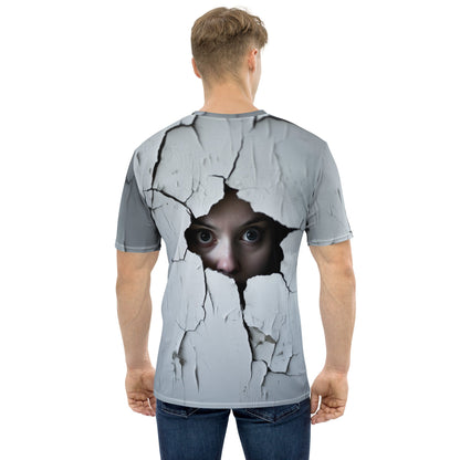 Product mockup photo of the Woman Spying on You T Shirt 2 (men).