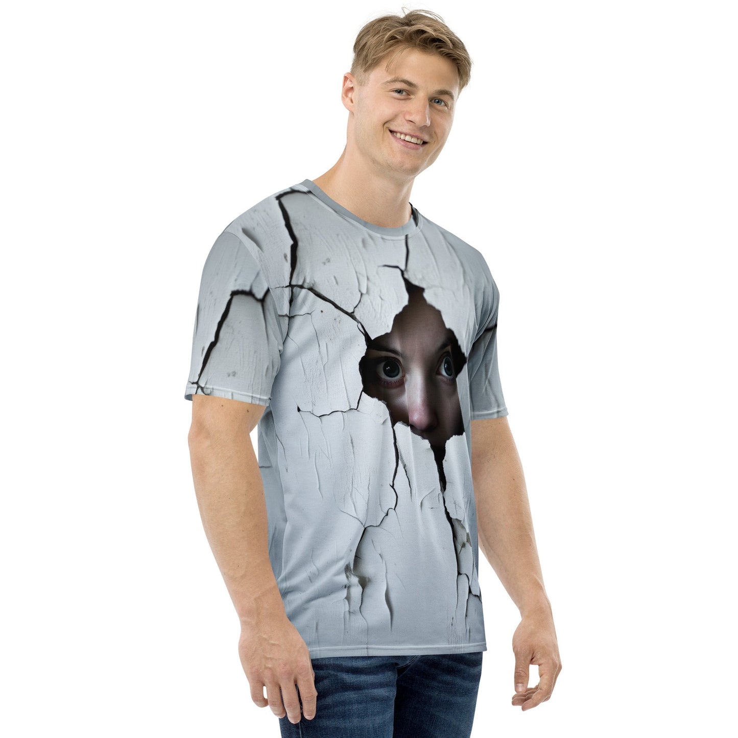 Product mockup photo of the Woman Spying on You T Shirt 2 (men).