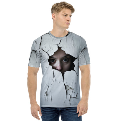 Product mockup photo of the Woman Spying on You T Shirt 2 (men).