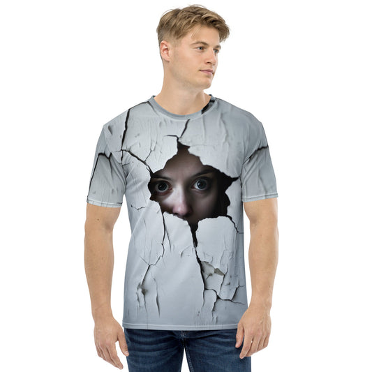 Product mockup photo of the Woman Spying on You T Shirt 2 (men).