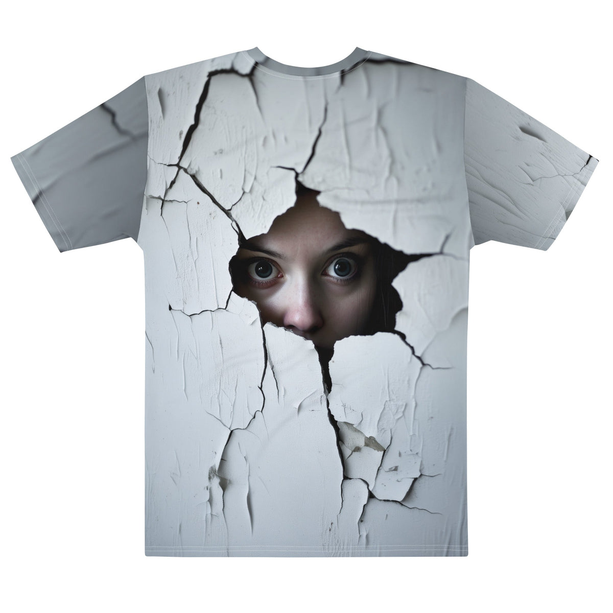 Product mockup photo of the Woman Spying on You T Shirt 2 (men).