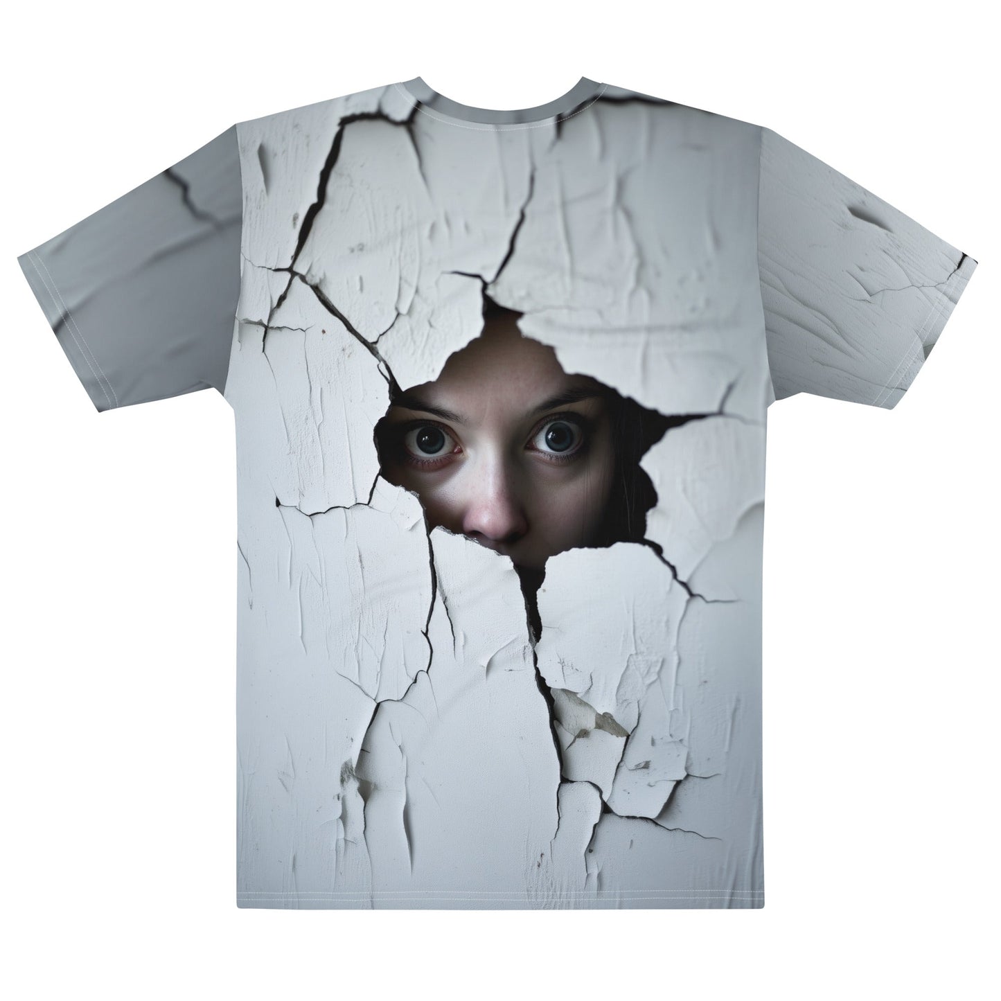 Product mockup photo of the Woman Spying on You T Shirt 2 (men).