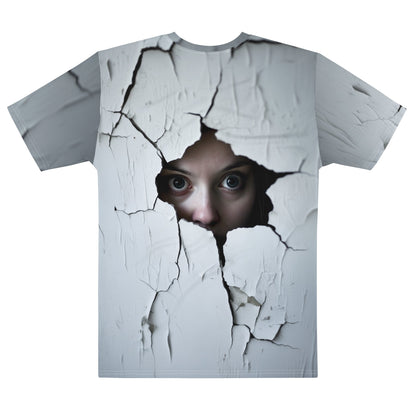Product mockup photo of the Woman Spying on You T Shirt 2 (men).