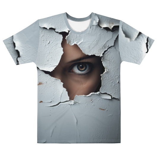 Product mockup photo of the Woman Spying on You T Shirt (men) M.