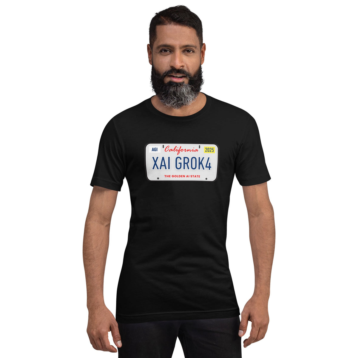 Product mockup photo of the XAI GROK4 License Plate T Shirt (unisex).