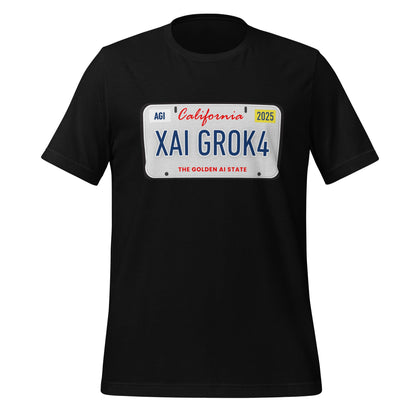 Product mockup photo of the XAI GROK4 License Plate T Shirt (unisex) Black / M.