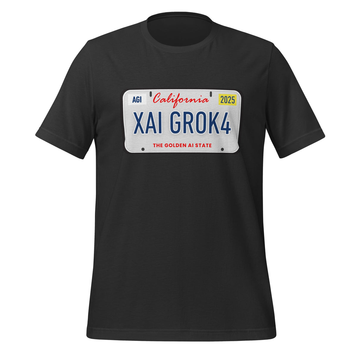 Product mockup photo of the XAI GROK4 License Plate T Shirt (unisex) Dark Grey / M.