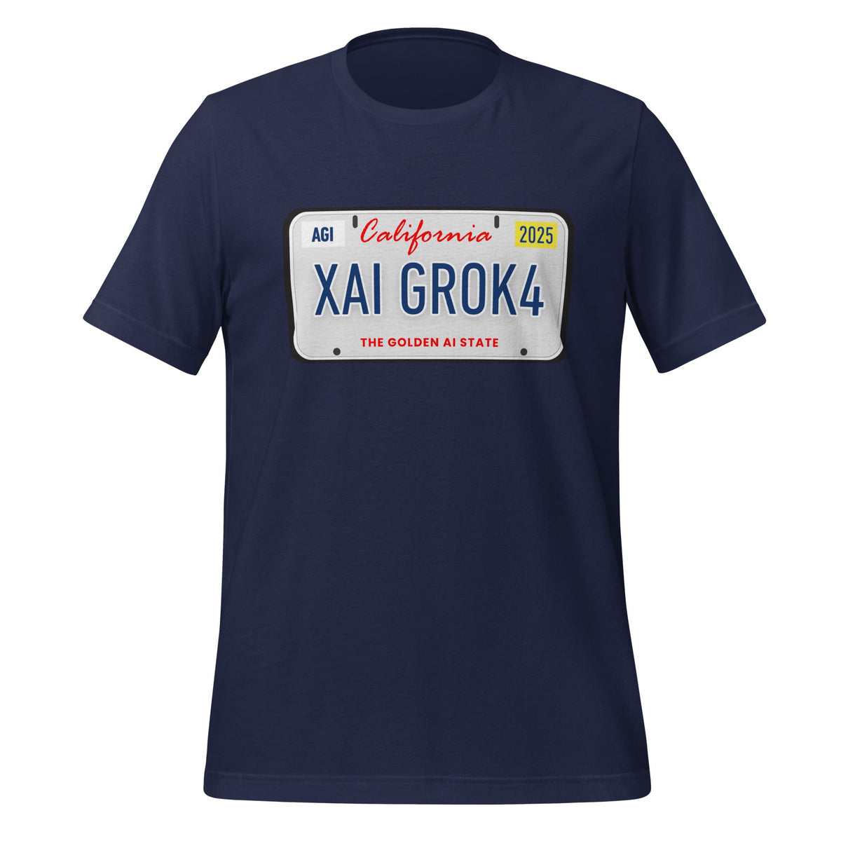 Product mockup photo of the XAI GROK4 License Plate T Shirt (unisex) Navy / M.