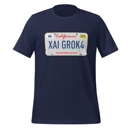 Product mockup photo of the XAI GROK4 License Plate T Shirt (unisex) Navy / M.