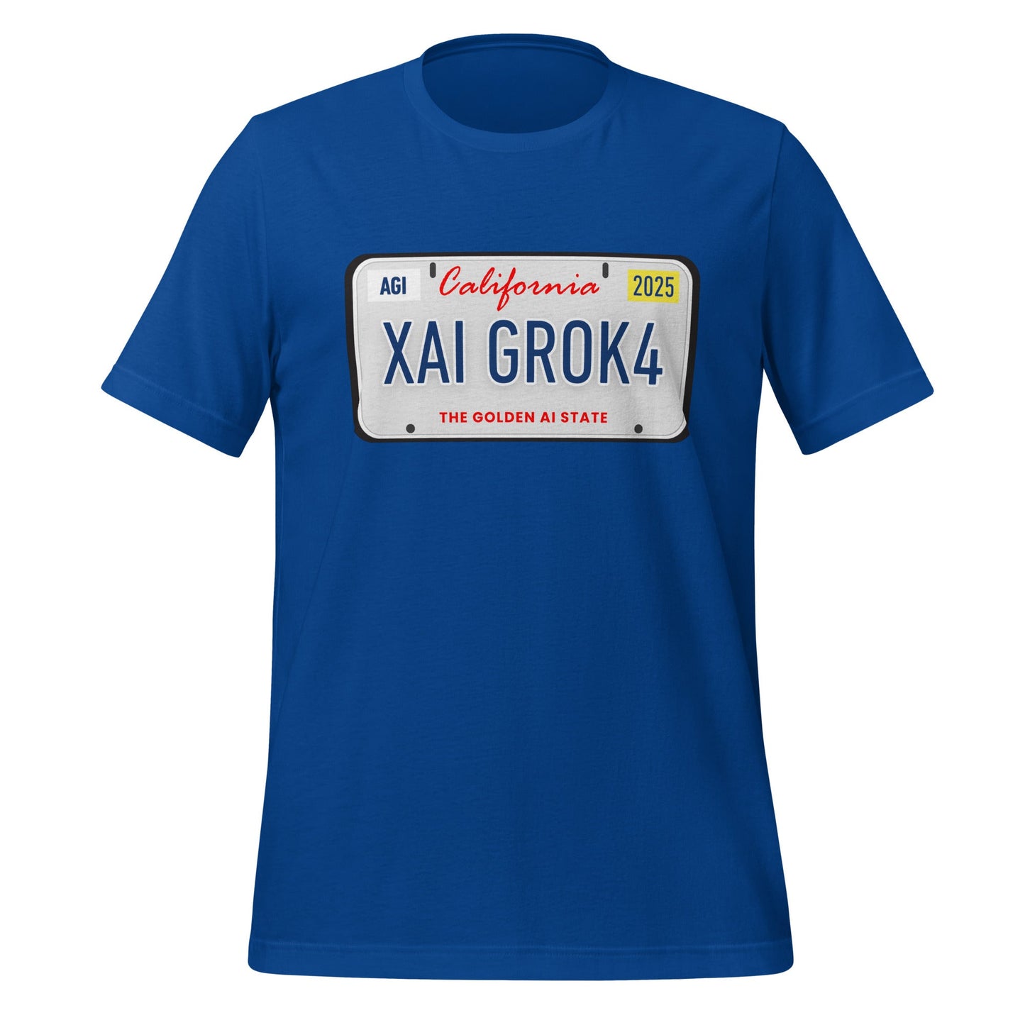 Product mockup photo of the XAI GROK4 License Plate T Shirt (unisex) True Royal / M.